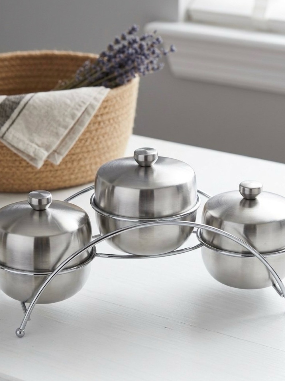 Stainless Steel 3-Piece Condiment Server Set with Stand